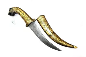 Sikh Katar Dolchmesser Damaststahl Klinge reines Gold Koftgari Inlay Arbeit H850 - Bild 1 von 10