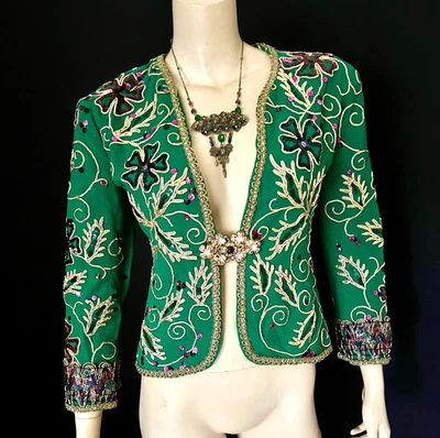 Wild Sequined, Soutache Trimmed Evening Jacket, 1930s-1940s, Green, Gold, Small - Image 1 of 4