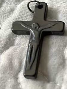 Vintage Simple Carved Hematite CROSS Pendant with Abstract Jesus figure 1.25” - Picture 1 of 7