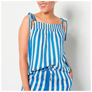 Candace Cameron Bure Printed Tie Strap Smocked Woven Tank Blue Stripe Size L NEW - Picture 1 of 2