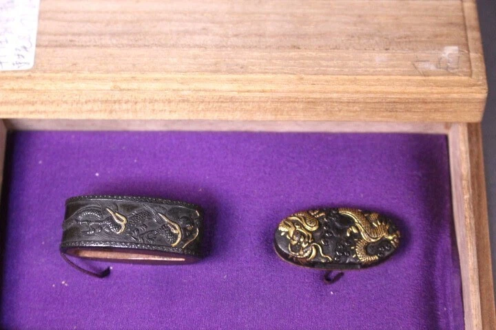 Antique Shakudo Dragon Fuchigashira Brass Inlay Japanese Fuchi Kashira fromJapan - Image 1 of 4