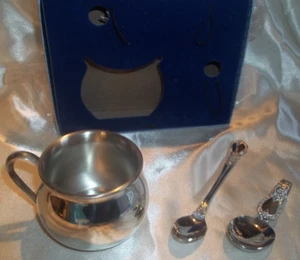 WEB SILVER COMPANY Pewter Baby Toddler Set with Potbelly Cup and Spoons in Box - Picture 1 of 5