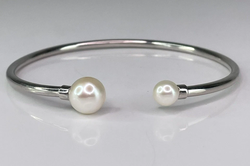 Natural Pearl Minimalistic Bangle Bracelet 925 Sterling Silver London Hallmark - Image 1 of 4