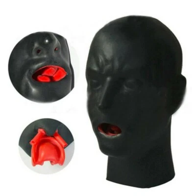Men Black Latex Mask with Red Teeth Gag Nose Tube 1.0mm Thick Hood Back Zipper - Image 1 of 3