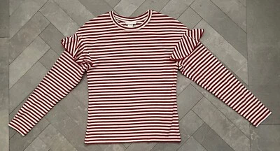 H&M STRIPED TOP WITH RUFFLE ON SLEEVE SIZE XS - Image 1 of 4