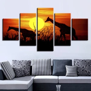 African Savannah Animals Giraffe Tree Scenery Canvas Prints Painting Wall Art 5P - Picture 1 of 5