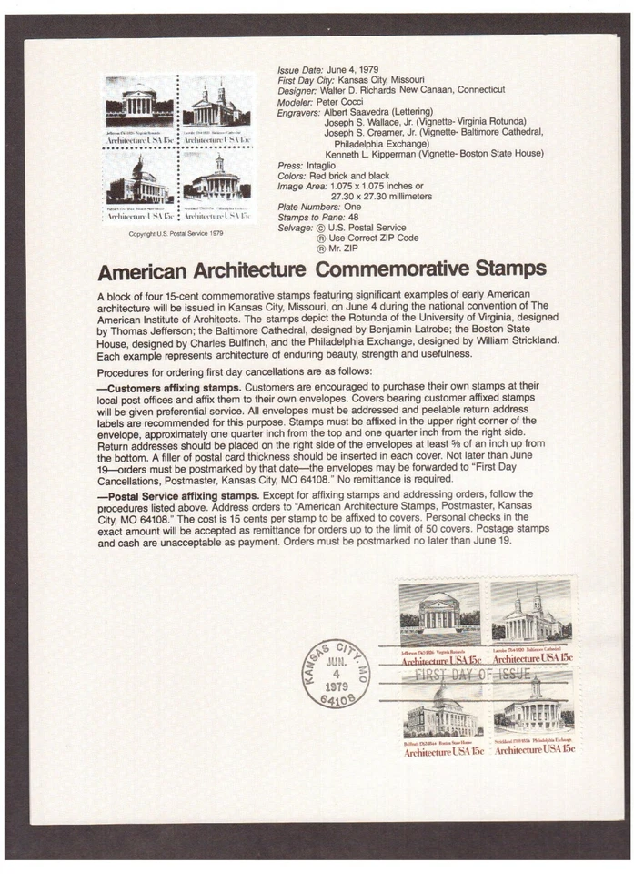 FDC  # 1779-1782 15 cent ARCHITECTURE  1979 USPS Souvenir Page Stamp - Image 1 of 1