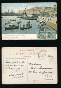 MALTA 1908 PPC GRAND HARBOUR KE7 1/2d x 2 to FRANCE - Picture 1 of 3