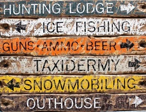 TIN SIGN "Wood Town Sign" Hunting Rustic Vintage Mancave Decor Fishing Gift Farm - Picture 1 of 1