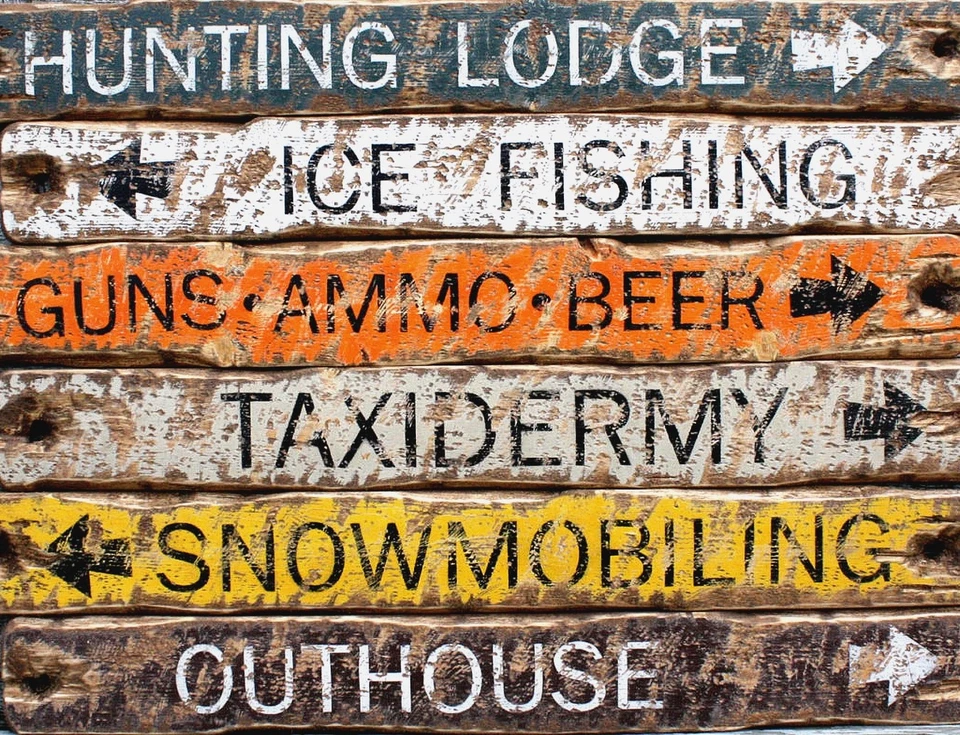 TIN SIGN "Wood Town Sign" Hunting Rustic Vintage Mancave Decor Fishing Gift Farm - Image 1 of 1