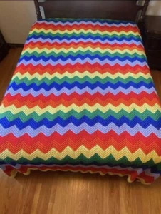 Vintage Chevron Rainbow Striped Crochet Afghan Throw Blanket 8’ x 7’ Queen Pride - Picture 1 of 4