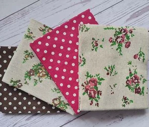 Linen mix vintage look floral, polkadot spot red natural fabrics fat quarter bun - Picture 1 of 2