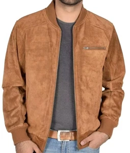 Men Genuine Tan Suede Bomber Jacket Sport Varsity Baseball Casual Real Leather - Picture 1 of 4