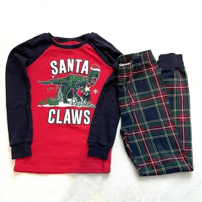 The Childrens Place Boys Size 10 Pajamas 2pc Set Christmas Santa Dinosaur Dino - Image 1 of 4