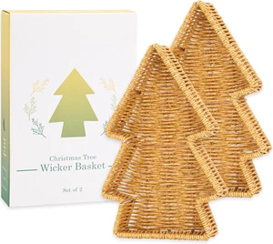 Christmas Tree Wicker Basket Decorative Snack Tray Appetizer Tray Set of 2 - Picture 1 of 7