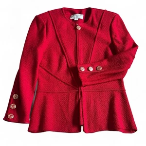 Vintage St. John Damen Tweed Jacke Gr. 2 rot durchgehender Reißverschluss Blazer Goldknöpfe gebraucht, in einwandfreiem Zustand - Bild 1 von 9