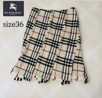 Burberry London Mega Check Wool Fringe Skirt Beige Size 36 Flare Style - Image 1 of 4