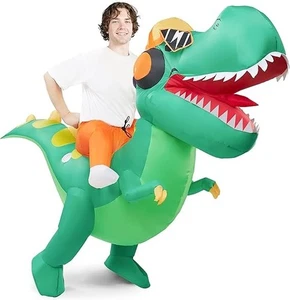 Adult Riding a Hip-hop Dinosaur Blow-up Costume, Green T-rex Deluxe Ride On - Picture 1 of 6