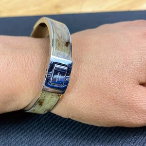 Michael Kors Silver Cuff Bracelet With Acrylic Wood Pattern 2.75” Wide - Picture 1 of 8