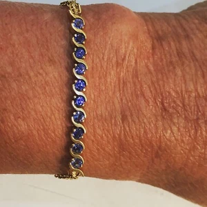 14k Gelbgold Tansanit Tenniskette Armband 7"" - Bild 1 von 7