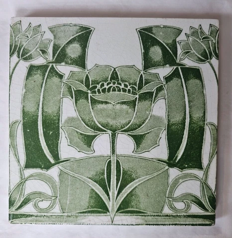 ENGLISH GREEN & WHITE ART NOUVEAU DESIGN ANTIQUE 6 INCH TILE (B) Cover