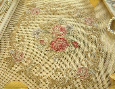 Beautiful French Swirls Red Roses Needlepoint Canvas Preworked Hand Stitched - Image 1 of 4