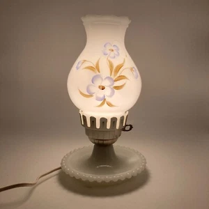 Vintage Table Lamp Milk Glass Candlewick Pattern Base Blue Floral Hand Painted - Picture 1 of 8