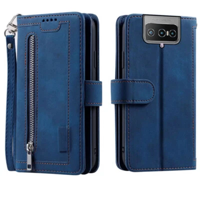 Funda tipo billetera Asus Zenfone 7 Pro, tarjeta abatible magnética con cremallera de cuero para Zenfone 7 Foto 1 de 4