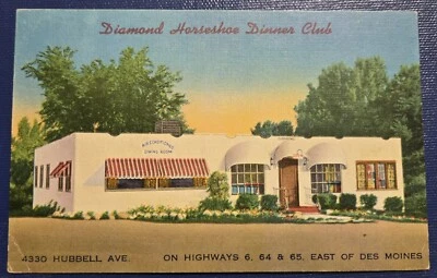 Used 1958 Postcard Des Moines Iowa Diamond Horseshoe Dinner Club Hubbel Ave. N22 - Image 1 of 3