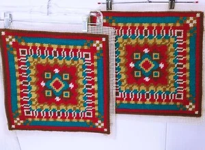 Vintage 70s Needlepoint Tapestry for Pillows Handmade Finished Canvas Geometric - Picture 1 of 10