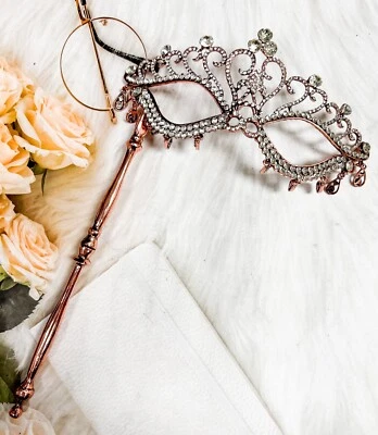 Teardrop Masquerade Mask with Stick, Copper Mask, Crystal Mask, Venetian Mask - Image 1 of 4