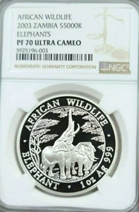 2003 ZAMBIA SILVER 5000 KWACHA AFRICAN WILDLIFE ELEPHANTS NGC PF 70 ULTRA CAMEO - Picture 1 of 4