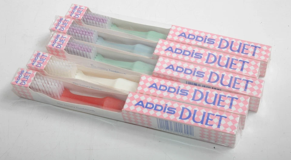 5 x Vintage 80er Addis Duet farbige Zahnbürste New Old Stock verpackt versiegelt