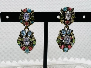 VINTAGE 1950 HOLLYCRAFT MULTI-COLOR PASTEL RHINESTONE DANGLE EARRINGS - Picture 1 of 9