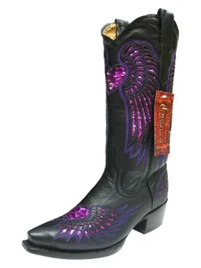 Womens Western Boots Cowboy Black Leather Fuchsia Sequins Heart Wings Size 5 - Bild 1 von 5