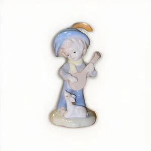 Vintage Blue Glaze Ceramic Boy Playing the Mandolin with Buck Baby Deer Figurine - Picture 1 of 1