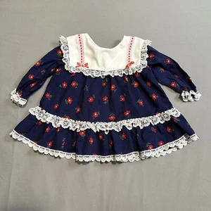 Vintage BRYAN Baby Girl Dress 3-6 Mo Navy Blue Red Floral White Lace Long Sleeve - Picture 1 of 11