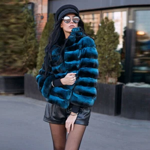 Frauen Blau Real Rex Kaninchen Pelzmantel ChinChilla Farbe Jacken Mit Stehkragen - Bild 1 von 6