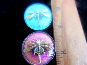 2 Magnificent Czech Vintage Style Glass Buttons Pink & Turquoise Gold Dragonfly - Picture 1 of 3