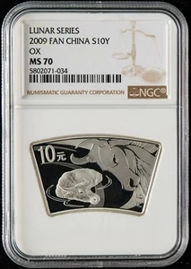 NGC MS70 China 2009 Lunar Zodiac Ox Year Fan Shape Silver Coin 1oz 10 Yuan - Picture 1 of 2