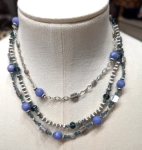 3 Chain Choker Necklace w/BLUE & SILVER TONE Beads - Picture 1 of 4