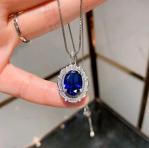 2.20Ct Oval Cut Lab Created Sapphire Halo Pendant 14K White Gold Plated Chain - Picture 1 of 4