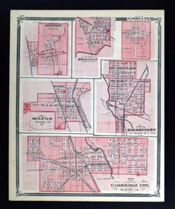 1876 Indiana Map Cambridge City Plan Hagerstown Milton Newport Wayne County IN - Picture 1 of 5