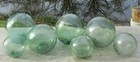 Japanese Blown Glass Floats LOT of 7 Mixed: (4) 3-3.5"& (3) 2" SEA GREEN Vntg
