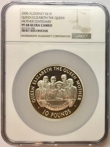 2000 Alderney Silver 10 Pounds Queen Mother Centenary NGC PF68 UC - Picture 1 of 6