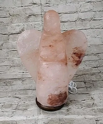 Lámpara con forma de ángel de sal del Himalaya, lámpara de sal, interruptor de atenuación, base de madera, 11" de alto Foto 1 de 4