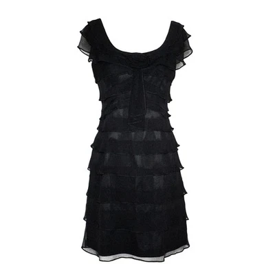 Tahari 10P Seda Volantes Roseta Negro Vestido Manga Gorra Cóctel Boda Fecha Foto 1 de 4