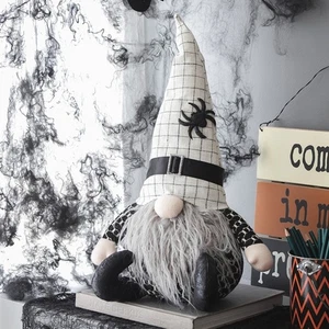 Fabric Sitting Gnome, White Hat Spider Halloween Decor Table 23.5" High - Picture 1 of 8