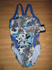 Nike Girls 8 24 Swimsuit RACING ATHLETIC $78 RV Chlorine Resistant Blue Floral - Picture 1 of 3