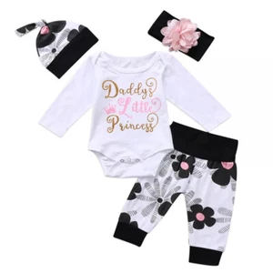 4PCS Baby Girl Clothes Outfits Letter Romper Floral Pants Cute Headband and Hat - Picture 1 of 9